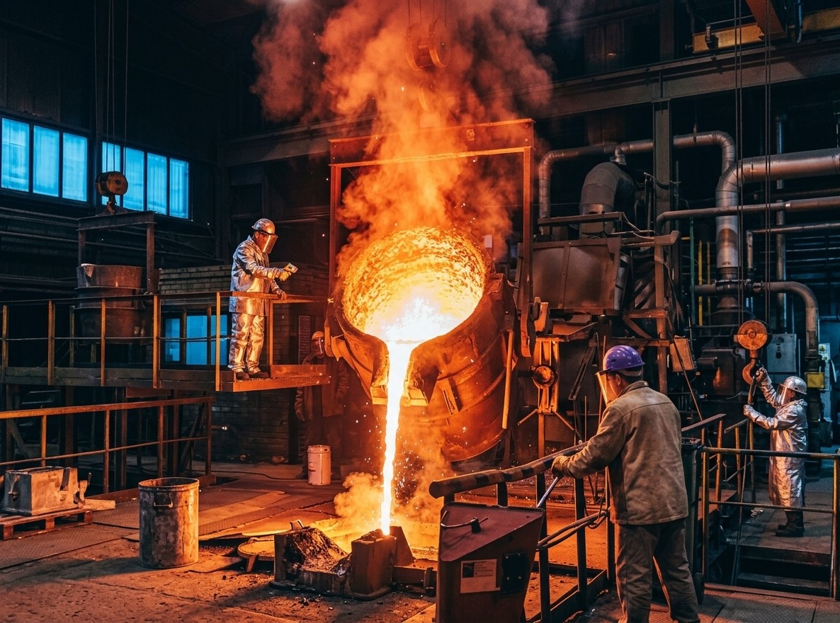 Molten metal being poured in a foundry