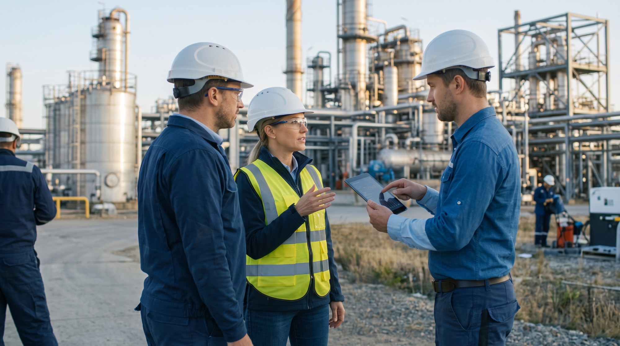 Engineers in hard hats discussing a project on site at an industrial plant